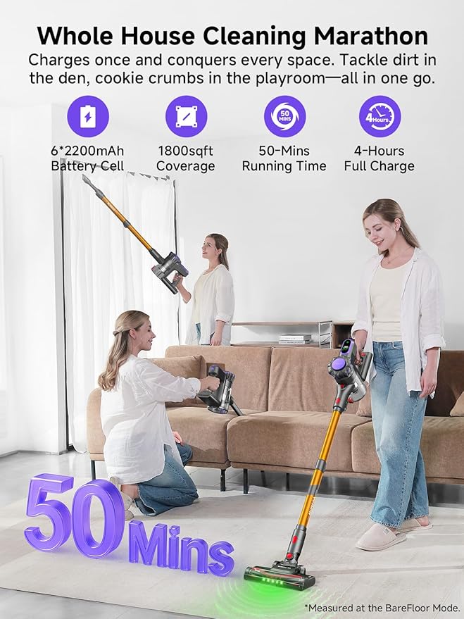 MONSGA Cordless Vacuum Cleaner, 45KPa 400W Stick Vacuum for Home, 50Mins Anti-Tangled Vacuum Cleaner with Charging Dock, Light-weighted Handheld Vacuum for Pet Hair/Carpet/Floor, LED Touch Display,MV3