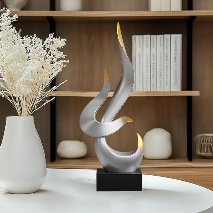 Silver Fire Flame Sculpture, Modern Abstract Resin Statue, Art Statue Home Decor for Living Room TV Stand Coffee Table Shelf Accents Decor