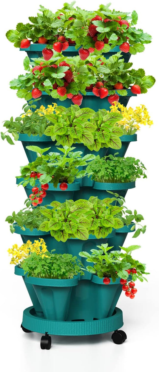 Strawberry Stackable Planters, Vertical Tower Garden, 6 Tiered Stacking Herb Vegetable Planters with Movable Casters and Bottom Saucer Indoor and Outdoor