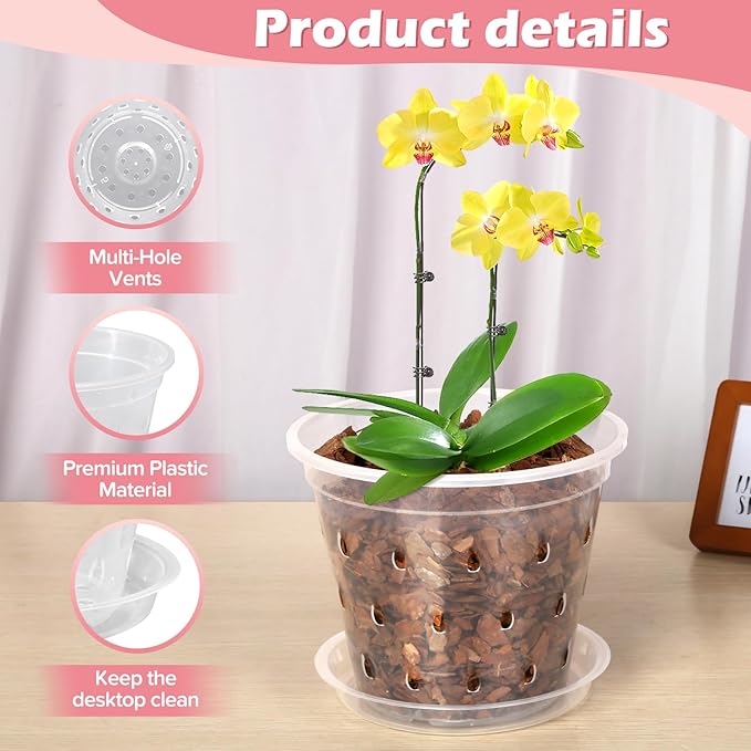 Orchid Pot, 6 Pack 3 Inch Clear Orchid Pots with Holes and Saucers for Repotting, Breathable Slotted Plastic Orchid Planters with Drainage for Root Health Indoor Outdoor (3 Inch)
