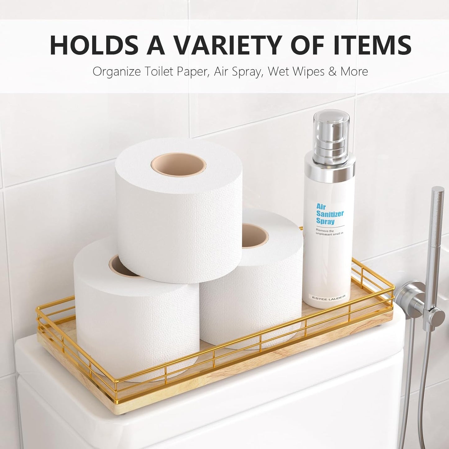 Toilet Paper Basket Organizer – Oak Wood Toilet Tank Tray with Metal Frame, Back of Tank or Top Bathroom Counter Storage – Gold & Oak Modern Decor