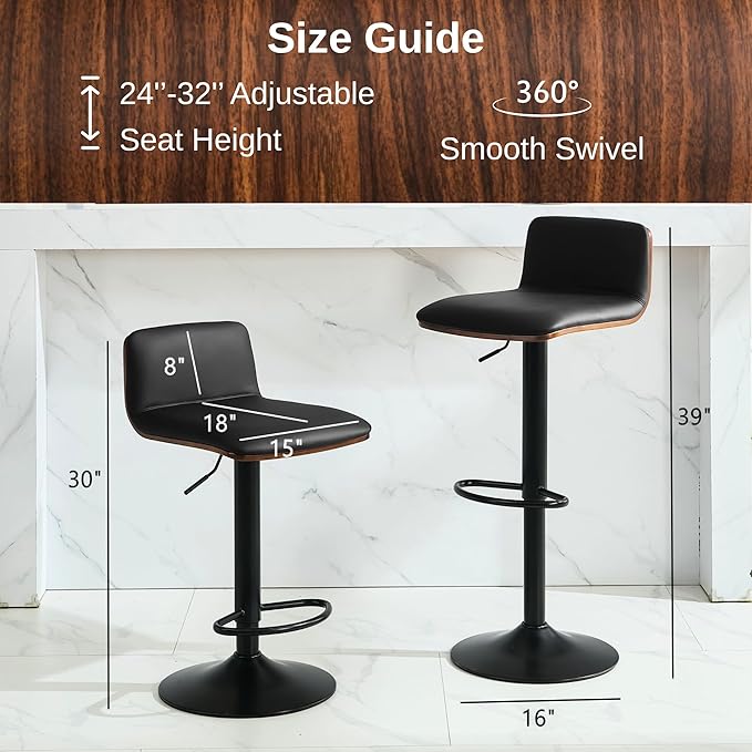 Set of 2 Swivel Bar Stools Adjustable Height, Faux Leather Barstools with Wooden Back and Footrest, Counter Height Bar Height Chairs for Kitchen Island, Dining Room, Black