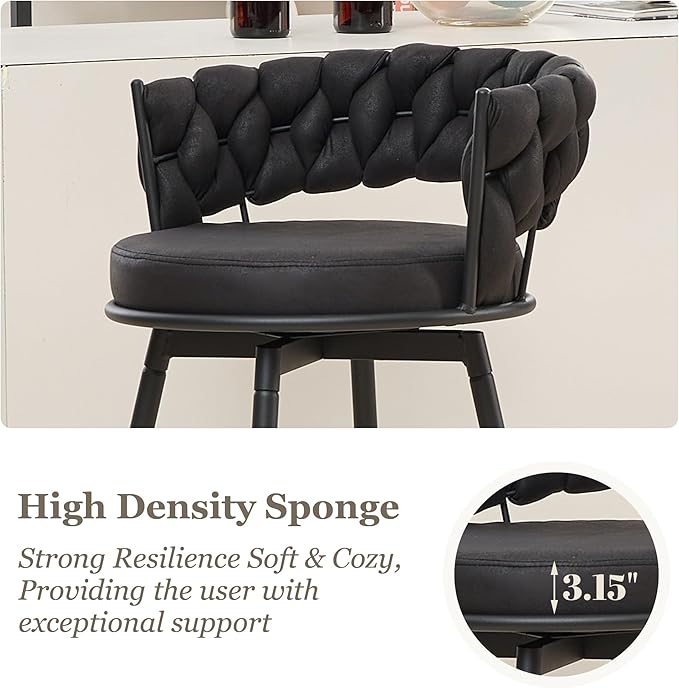Swivel Black Bar Stools Set of 4, 28 Inches Modern Counter Height Bar Stools with Woven Back, Upholstered Suede Tall Barstools for Kitchen Island, Cafe