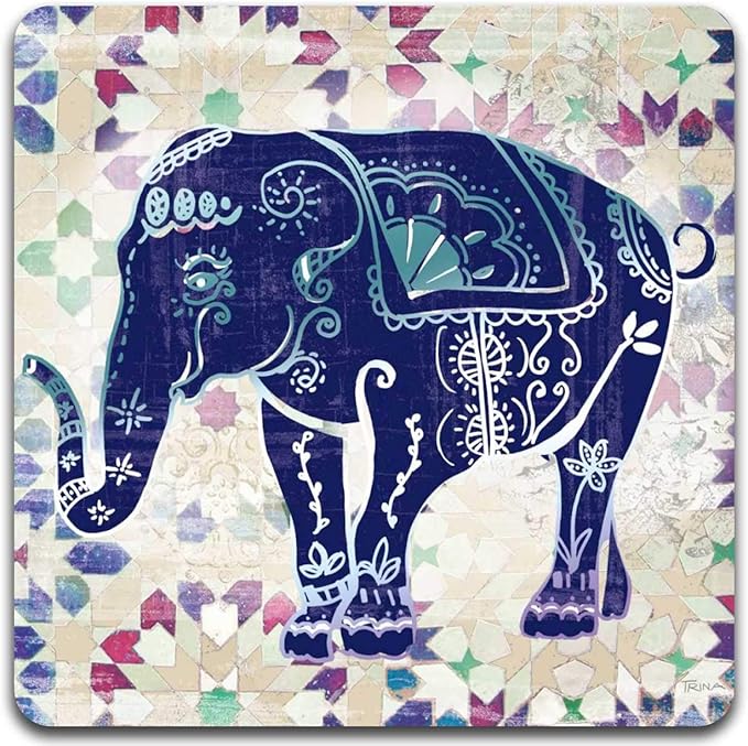 Hand Drawn Elephant Square Coaster Set - Made of Recycled Rubber - Set of 4