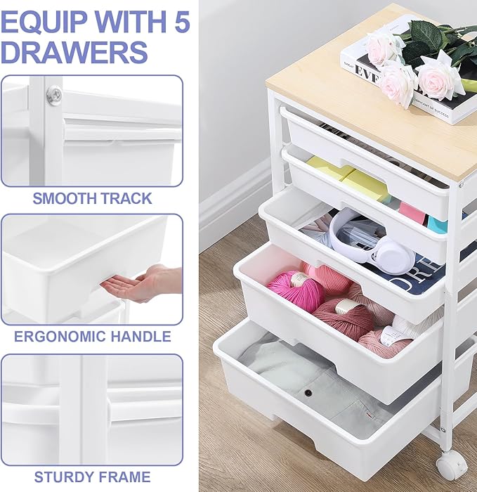 Utility Cart with 5 Drawers,Storage Drawer Cart with Wooden Tabletop and Lockable Wheels,Craft Storage Trolley Cart,5-Tier Rolling Utility Cart on Wheels,Bright White