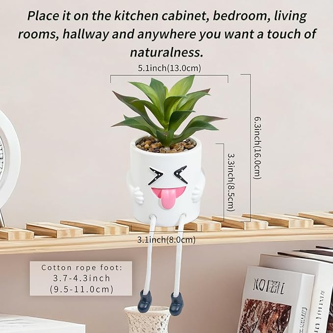Fake Plant Mini Potted Succulents with Hanging Leg White Cute Pot Creative Artificial Succulent Plants in Funny Pot Faux Succulents for Home Office Shelf Desk Decor and Gift Choice
