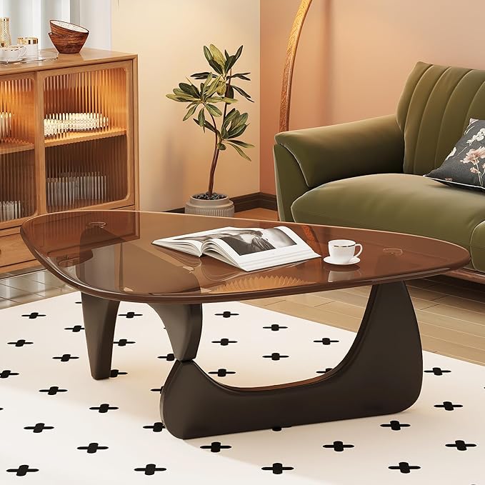 Glass Coffee Table for Living Room Mid Century Modern Triangle Center Table with Wooden Base, Brown/Black