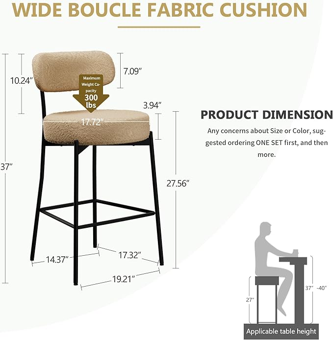 DYHOME Bar Stools Set of 6, Upholstered 28 Inches Boucle Counter Height Bar Stools with Back & Metal Legs, Modern Metal Tall Barstools for Kitchen Island, Light Brown