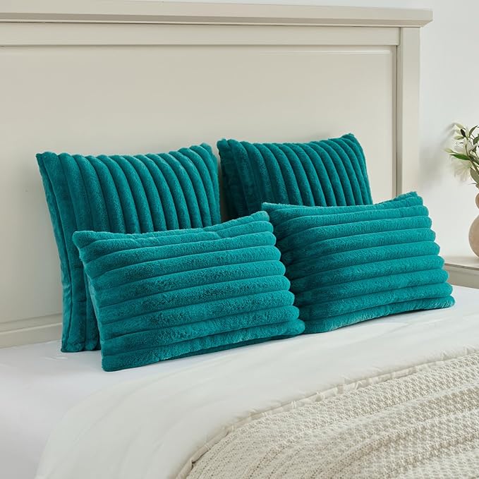 FUTEI Teal Green Striped Decorative Throw Pillow Covers 16x16 Inch Set of 2,Square Fall Decorations Couch Pillow Case,Soft Cozy Faux Rabbit Fur & Velvet Back,Modern Home Decor for Bed