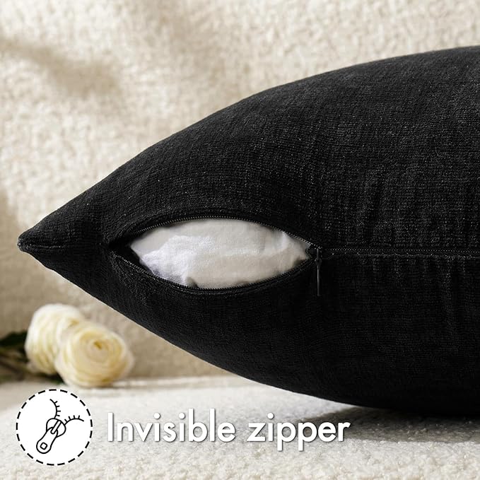 MIULEE Black Couch Pillow Covers 18x18 Inch, Set of 2 Soft Chenille Decorative Square Throw Pillow Covers Farmhouse for Sofa Living Room Bed