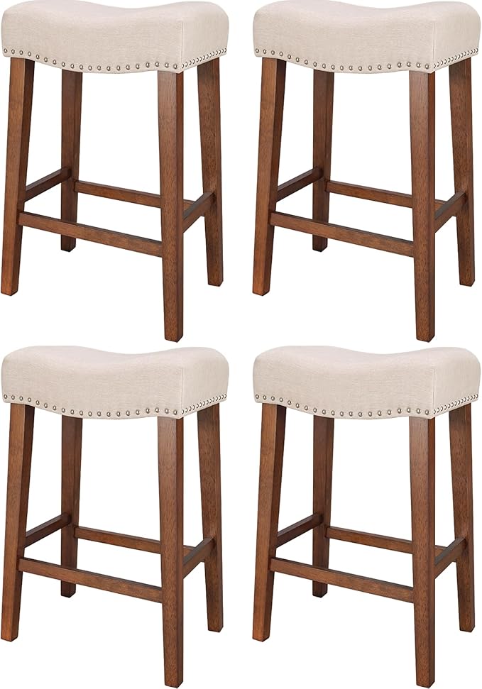 PrimeZone Counter Height Bar Stools Set of 4 - Backless Saddle Barstools with 4.3" Thick Upholstered, Nailhead Trim Linen Fabric & Solid Wood Legs, 26 Inch Counter Stools for Kitchen Island, Beige