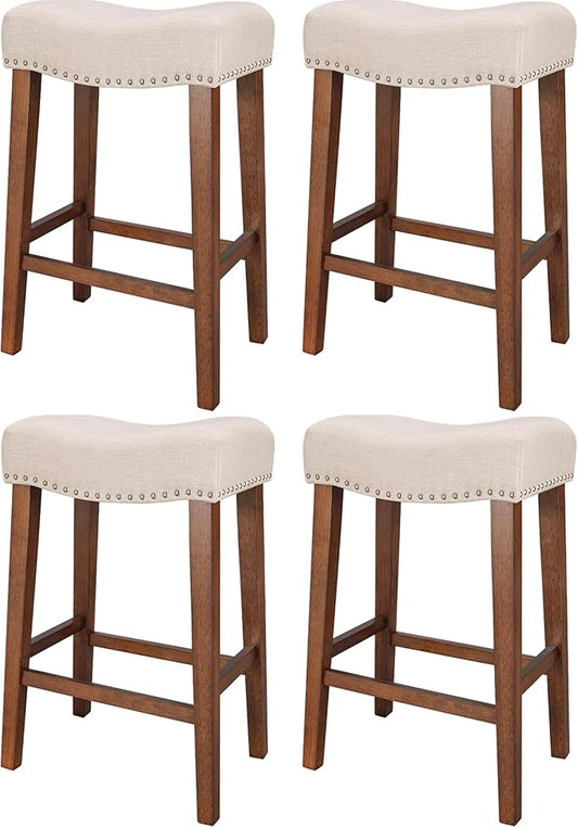 PrimeZone Counter Height Bar Stools Set of 4 - Backless Saddle Barstools with 4.3" Thick Upholstered, Nailhead Trim Linen Fabric & Solid Wood Legs, 26 Inch Counter Stools for Kitchen Island, Beige