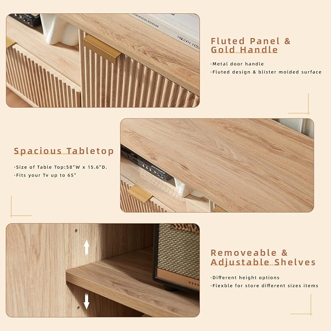 Okvnbjk Modern TV Stand for 65 Inch TV, TV Consoles for Living Room, Media Console with Soft Hinge & Drawer, Wood Fluted Entertainment Center with Storage, Oak