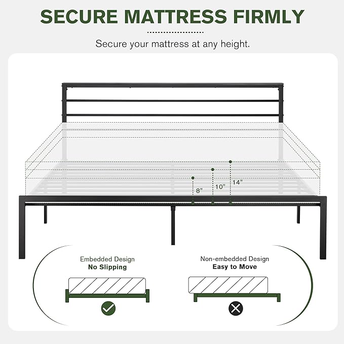 MUTICOR Heavy-Duty King Metal Platform Bed Frame with Shelf Headboard, No Box Spring Needed, Easy Assembly, Black Shelf