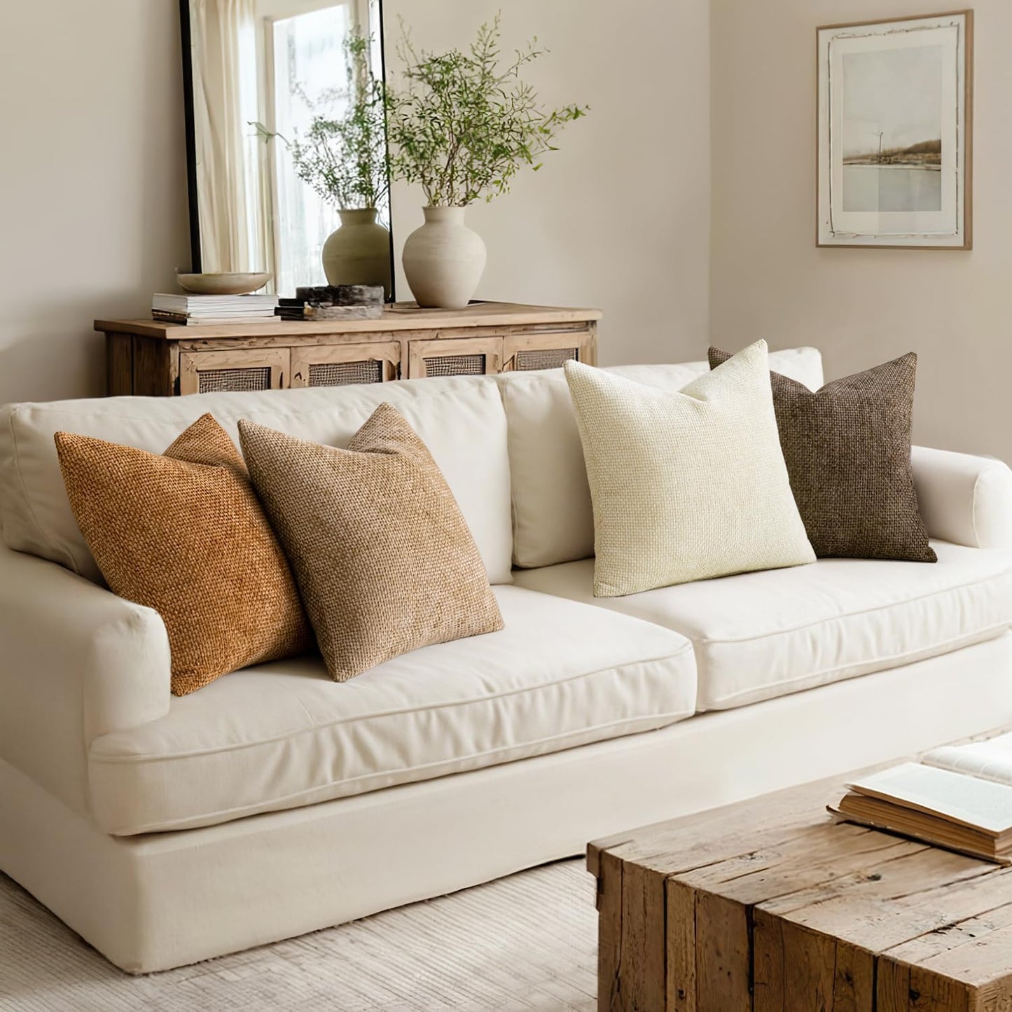 MIULEE Pack of 4 Brown Couch Throw Pillow Covers 20x20 Inch Soft Fall Decorative Chenille Pillows Farmhouse Accent Cushions for Boho Home Decor Spring Sofa Bedroom Living Room