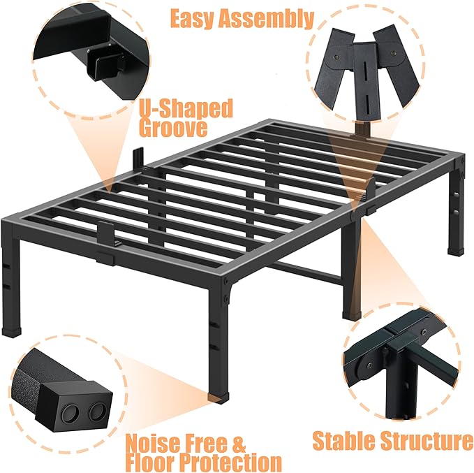 FUIOBYVV Twin XL Bed Frames 18 Inch Heavy Duty Metal Platform Bed Frame Twin Size Support Up to 3500 lbs, No Box Spring Needed/No Shaking/Steel Slat Support/Noise Free/Easy Assembly