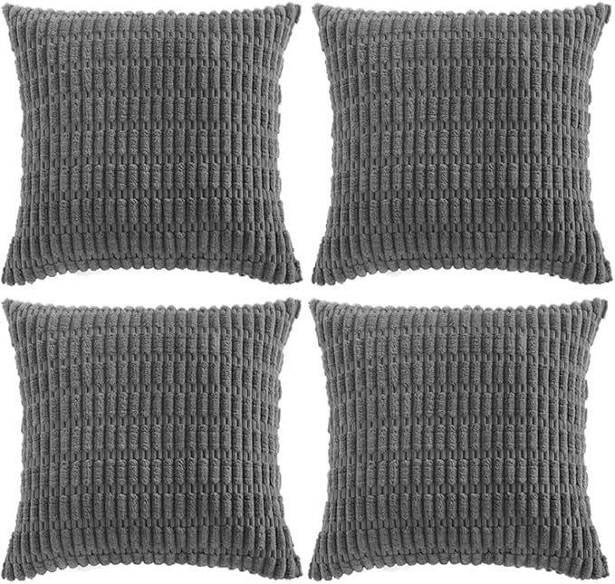 Fancy Homi 4 Packs Dark Grey Decorative Throw Pillow Covers 18x18 Inch for Living Room Couch Bed, Rustic Modern Farmhouse Boho Home Decor, Soft Plush Corduroy Cute Accent Square Cushion Case 45x45 cm