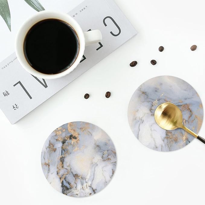 White Gray Gold Marble Coasters Set of 6 Coasters for Drinks Absorbent Double-Sided Leather PVC Coaster for Tabletop Protection Coffee Table Decor Ideal for Home Decor House Warming Gifts