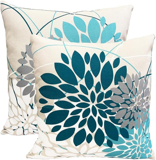 Teal Blue Decorative Throw Pillow Covers 20x20 Inch Pillow Covers for Couch Living Room Bedroom Outdoor.Modern Sofa Throw Pillow Cover.Farmhouse Geometric Floral Linen Square Pillow Case.Set of 2