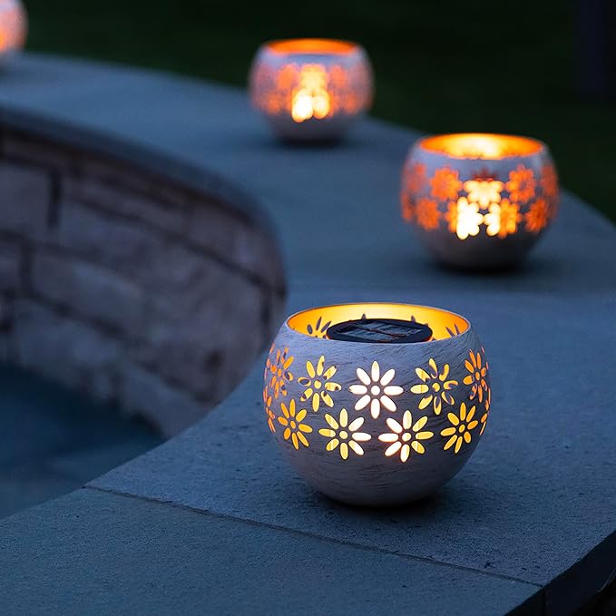 5.4" (2-Pack) Outdoor Waterproof Solar Lanterns - Metal Porch Lights with Flickering Flame for Tabletop, Patio, Garden & Landscape Décor (White)
