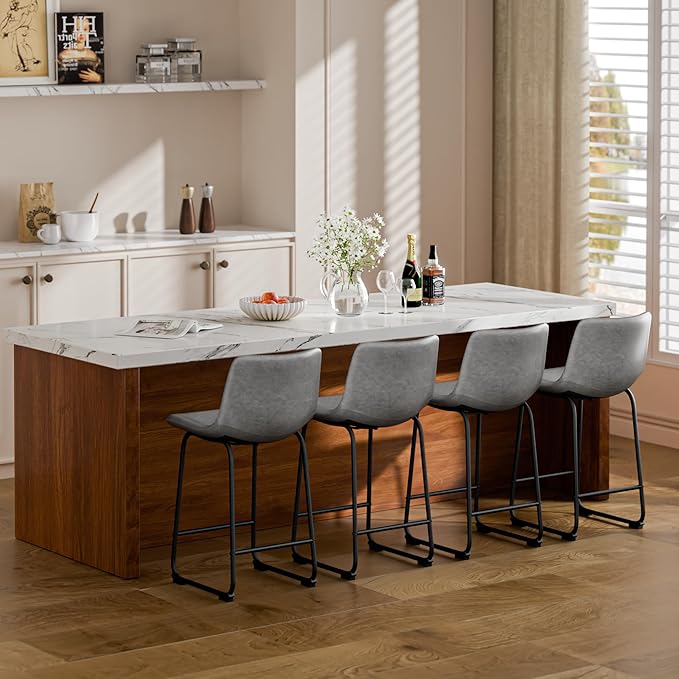 Bar Stools Set of 4, 26 Inches Counter Height Barstools with Back, Modern Faux Leather Bar Stool with Metal Legs and Footrest for Kitchens Island (Grey)