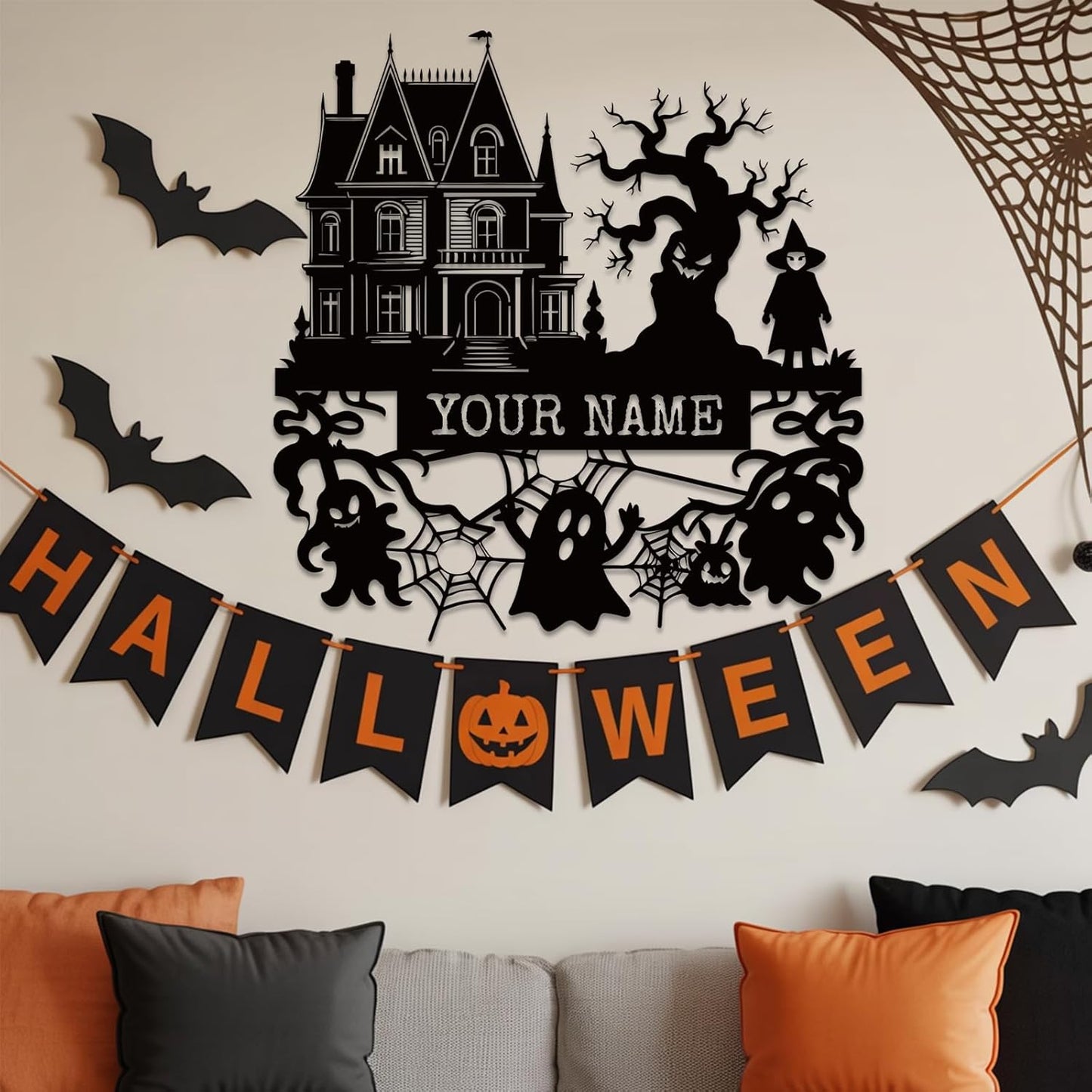 Personalized Haunted House Signs, Family Name Signs, Custom Halloween Metal Wall Art with Witch Bats Pumpkins Skull Ghost Spider, Gothic Home Decor for House, Halloween Party, Living Room