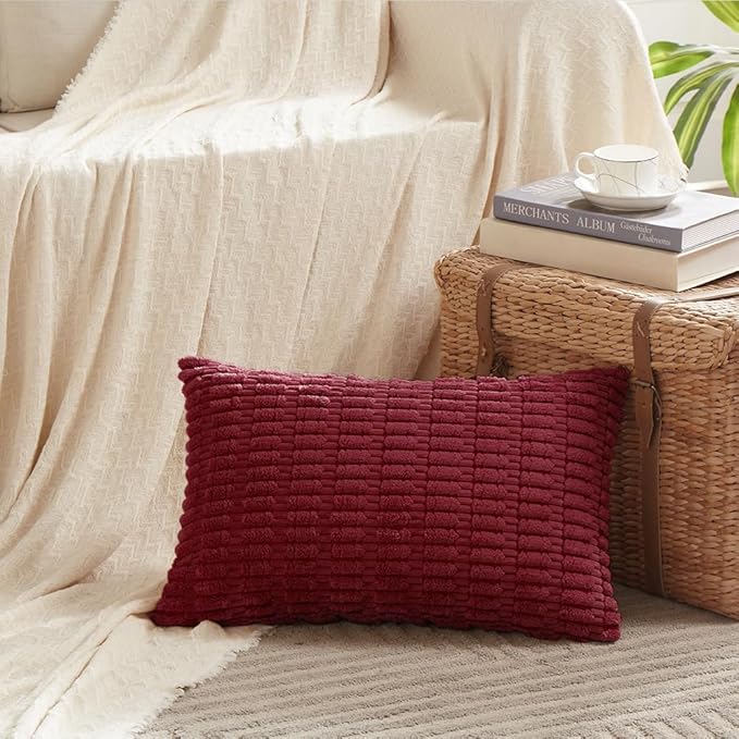 Fancy Homi 2 Packs Christmas Wine Red Decorative Throw Pillow Covers 16x24 Inch for Living Room Couch Bed Sofa, Modern Farmhouse Boho Home Decor, Soft Corduroy Burgundy Square Cushion Case 40x60 cm