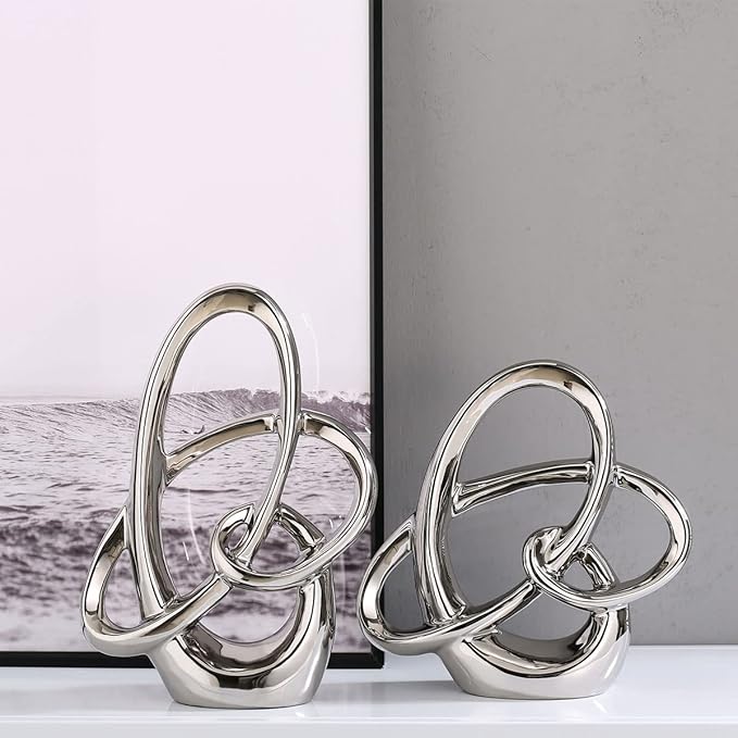 Modern Silver Decor Ceramic Statue - Abstract Home Accent & Tabletop Figurine for Living Room, Bedroom, Bathroom, Office, Shelf, Mantel - Wedding, Coffee Table, Dining Room Centerpiece Decoration