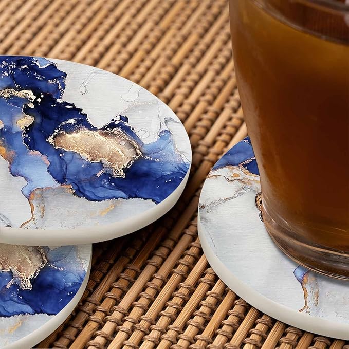Blue and Gold Marble Coasters for Coffee Table Liquid Alcohol Ink Fluid Housewarming Presents for Women Men Home Decor Office Kitchen Living Room 2 Pcs