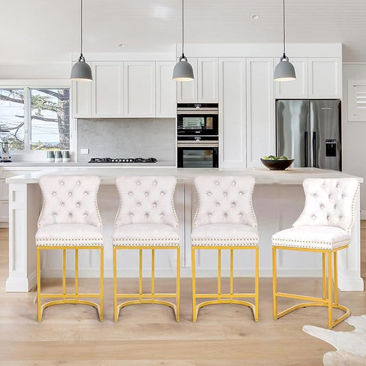 Counter Height Bar Stools Set of 4, 24" Modern Barstools with Back, Frbric Upholstery Counter Chairs with Metal Legs for Kitchen Island, Bar, Counter, White