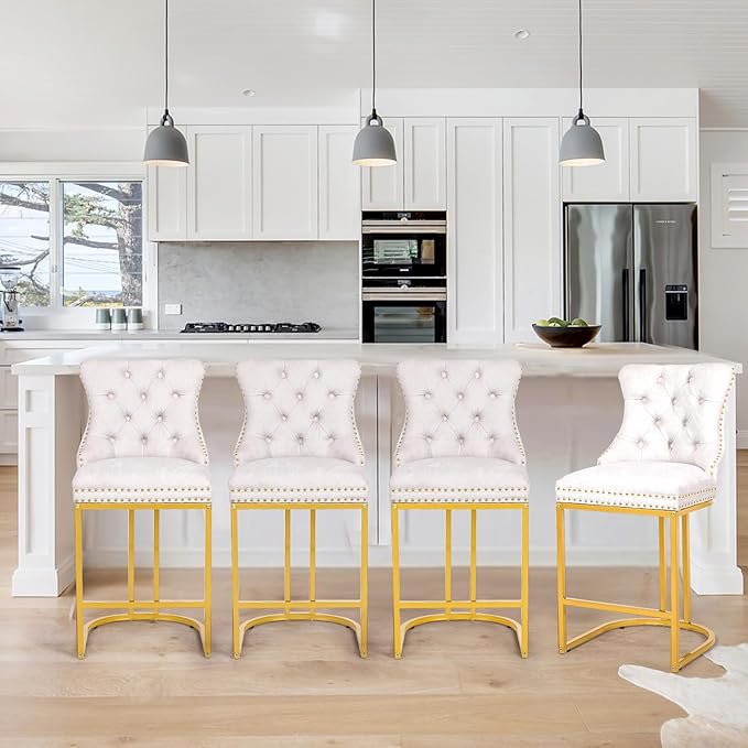 Counter Height Bar Stools Set of 4, 24" Modern Barstools with Back, Frbric Upholstery Counter Chairs with Metal Legs for Kitchen Island, Bar, Counter, White