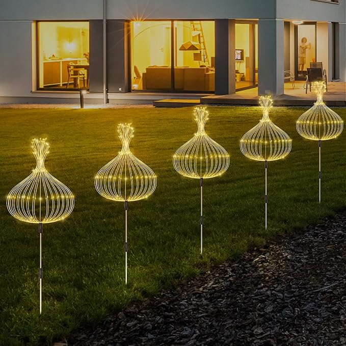 5 Pack Solar Garden Lights, Firework Outdoor Waterproof 120 LED 8 Modes with Remote Control, Decorative Solar Lights for Outside Yard (Warm White)