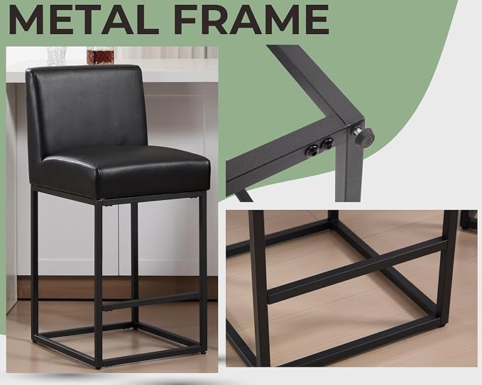 VESCASA Faux Leather 27 inches Counter Height Bar Stools with Padded Back, Modern Upholstered Counter Stool Chairs with Black Metal Frame for Kitchen Island, Set of 6, Black