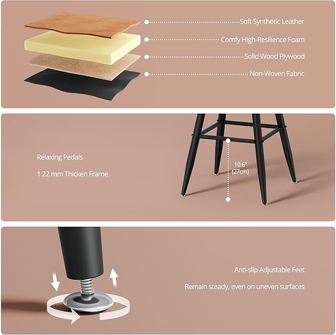 IRONCK Counter Height Bar Stools Set of 2, 30" Swivel Barstools with Backs, Hand-Riveted Design, Wide Seat, PU Leather Upholstered, Armless Bar Chairs for Kitchen Island, Brown