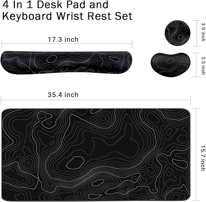 Topographic Mouse Pad Set, Extended Mouse Pad+Keyboard Wrist Rest, Memory Foam Ergonomic Easy Typing, 4Pcs (35.4×15.7 in) Desk Pad Set for Home Office Study Game-Topographic Contour