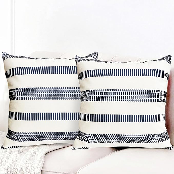 Decorative Throw Pillow Covers Set of 2 Blue Boho Striped Pillow Covers 20x20 Inch Throw Pillow Cover Linen Pillowcase Farmhouse Outdoor Pillow Covers for Couch Sofa Bed Living Room