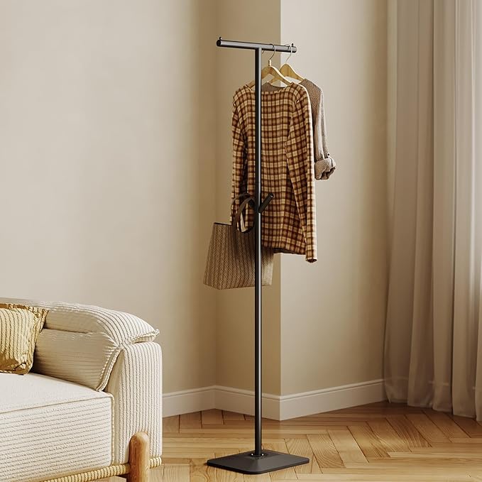 Modern Coat Rack Freestanding,Metal Standing Coat Rack Coat Tree with a geometric cast iron base and hooks,T Shaped Coat Hanger Stand for Coats, Hats, Bags, Purses, for Entryway, Hallway