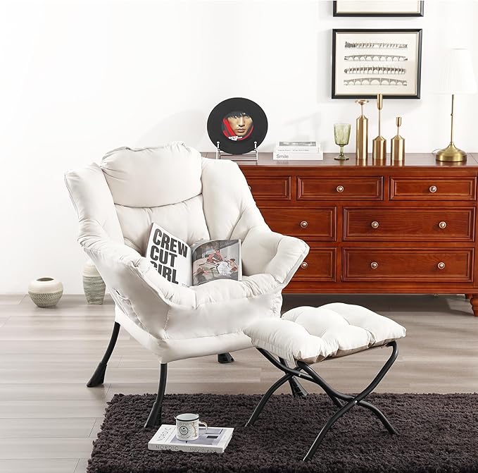 Welnow Lazy Chair with Ottoman, Modern Reading Lounge Accent Chair with Armrests and a Side Pocket, Leisure Upholstered Lazy Sofa Set with Footrest for Small Space, Beige