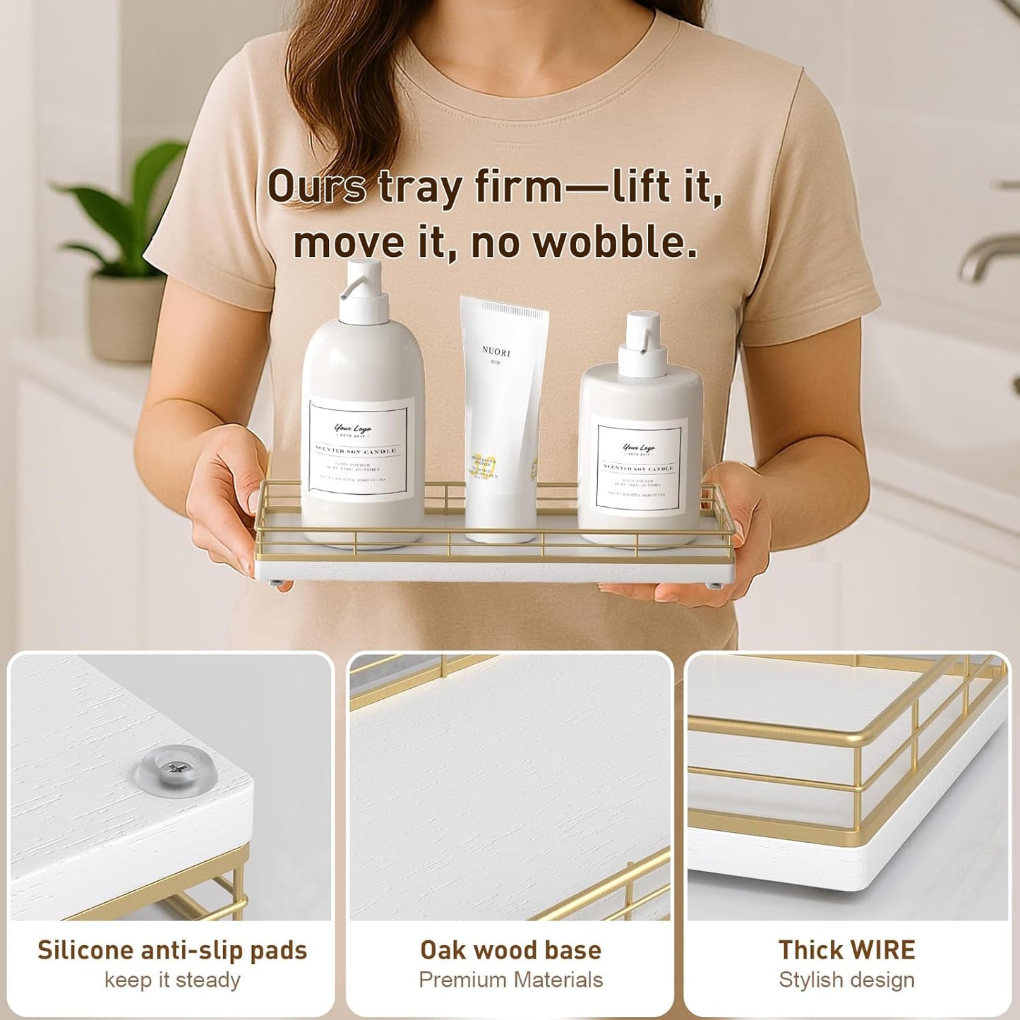 Bathroom Tray for Counter Top Organizer – Oak Wood Vanity Tray with Metal Frame for Dresser, Kitchen, Nightstand – Gold & White Decorative Storage