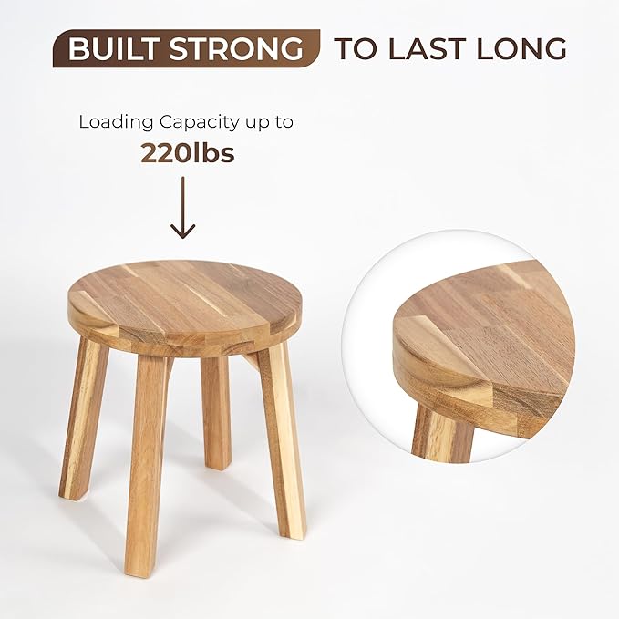 Round Stool Acacia Wood, 12" Height, 11" Round Top, Backless, Easy Assembly, Natural Wax Finish, Wooden Stool for Plant, Dining Room, Living Room, Garden, Makeup