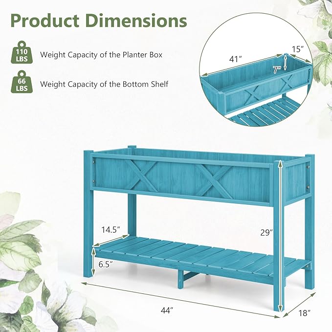 Giantex HIPS Raised Garden Bed, Elevated Planter Box w/Legs, Storage Shelf, Drainage Holes, Weather-Proof Standing Raised Beds for Backyard Porch Balcony Flower Herb (Blue, 44" x 18" x 29")