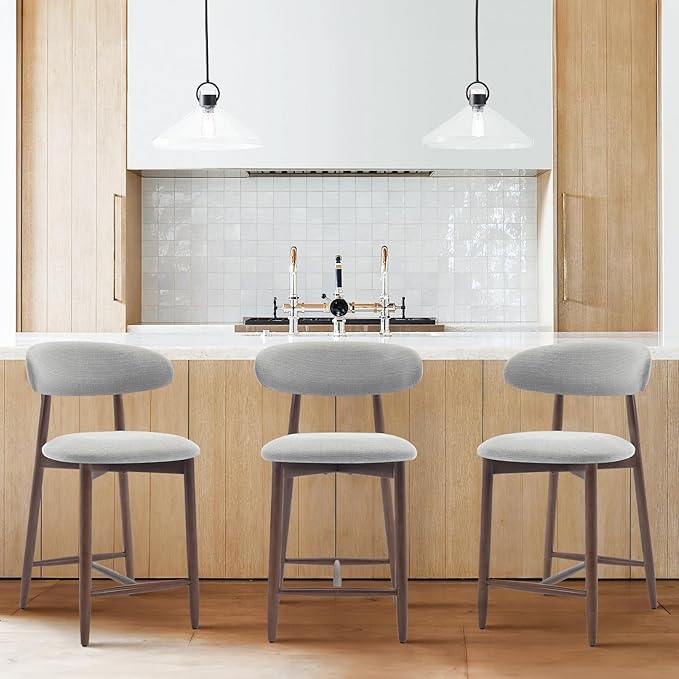 COLAMY Bar Stools Set of 3, Counter Height Barstools with Back, Upholstered Bar Stools with Wood Legs for Kitchen Island Dining Room Bar, Light Grey