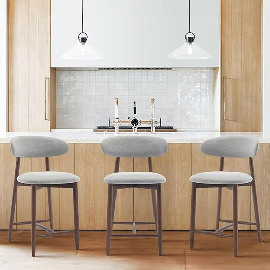 COLAMY Bar Stools Set of 3, Counter Height Barstools with Back, Upholstered Bar Stools with Wood Legs for Kitchen Island Dining Room Bar, Light Grey