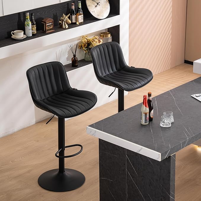 YOUNUOKE Black Bar Stools Set of 2 Adjustable Counter Height Stools Modern Swivel Barstools with Backs Mid Century PU Leather Upholstered Bar Chairs for Kitchen Island