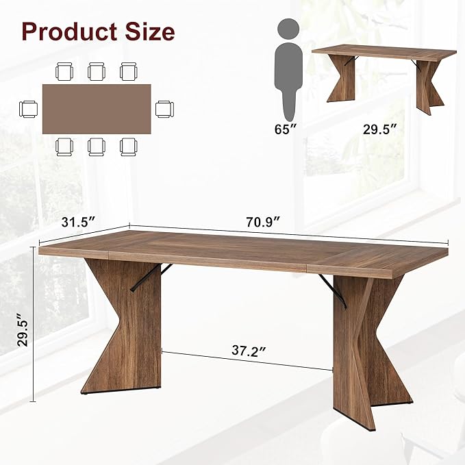 GarveeHome Dining Room Table 6, 71 Inch Rectangular Kitchen Table Dining Room Furniture with Sturdy Frame, Thickened Long Tabledesk and Dinner Desk for Party, Big Family, v-Cut Leg(Retro)