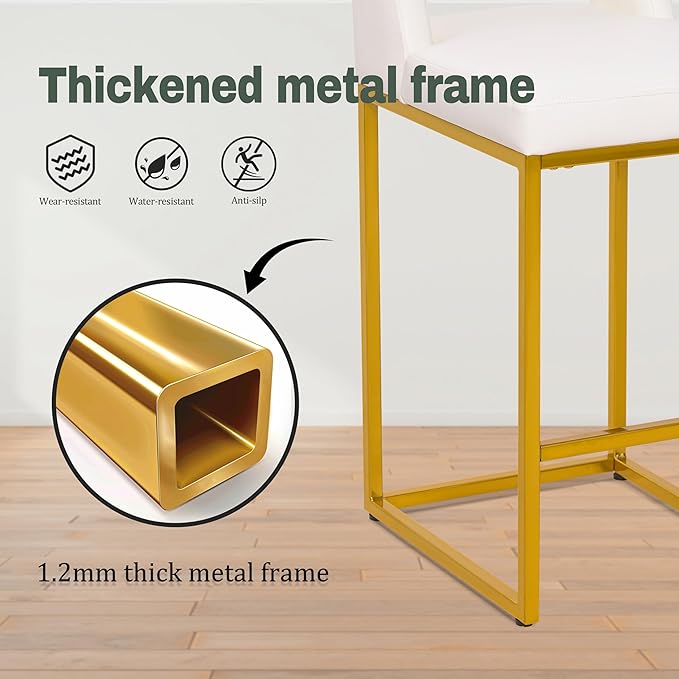 White and Gold Counter Height Bar Stool for Kitchen Counter Modern Bar Chair with Back for Kitchen Island with Upholstered Faux Leather Seat and Metal Frame, 26 Inch