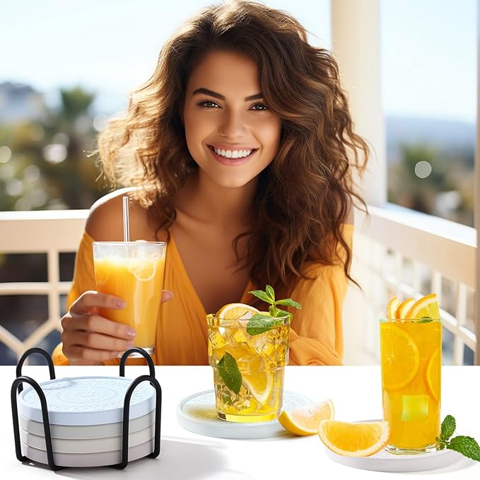 Photect Diatomaceous Earth Coasters Set with Holder Absorbent Stone Drink Coasters Instant Drying Tray for Tabletop Protection Home Decoration Housewarming Gift(Green,6 Pcs)