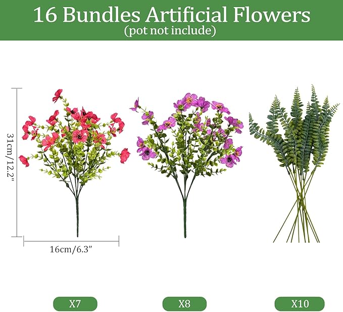 Artificial Faux Plants Flowers Outdoor Decoration,16 Bundles Fake Silk Colorful Daisy Eucalyptus Realistic UV Resistant for Outside Home Planter Porch Patio Yard Decor (Purple Red)
