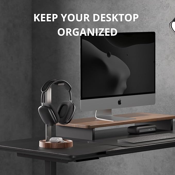 muso wood Walnut Headphone Stand, Universal Headset Stand with Storage Base, Wood Desktop Headphone Holder for Gaming Headset and Music Headset