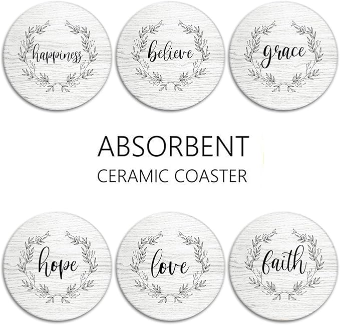 Britimes Coaster for Drinks Set of 6, White Wood Inspirational Love Wreath Absorbent Round Ceramic Stone Mat, with Cork Base and Metal Holder, Gift for Housewarming Room Bar Decor